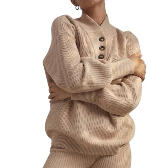 Lunya Cottonsilk Pocket Henley Sweater in Oat Marl - Picture 1 of 5